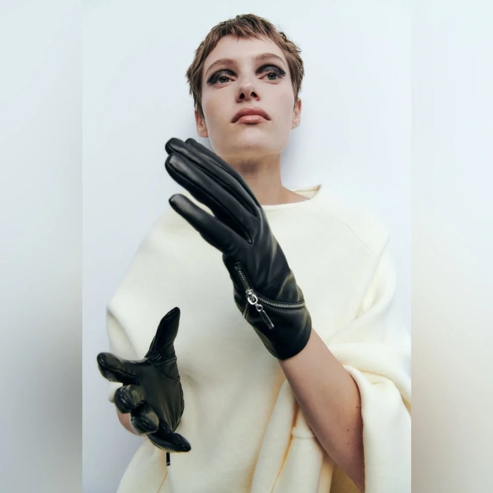 Zara Black Leather Gloves with Silver Zipper Detail